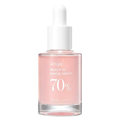 Anua Peach 70% Niacinamide Serum 30ml bottle on a white background for radiant skin transformation.
