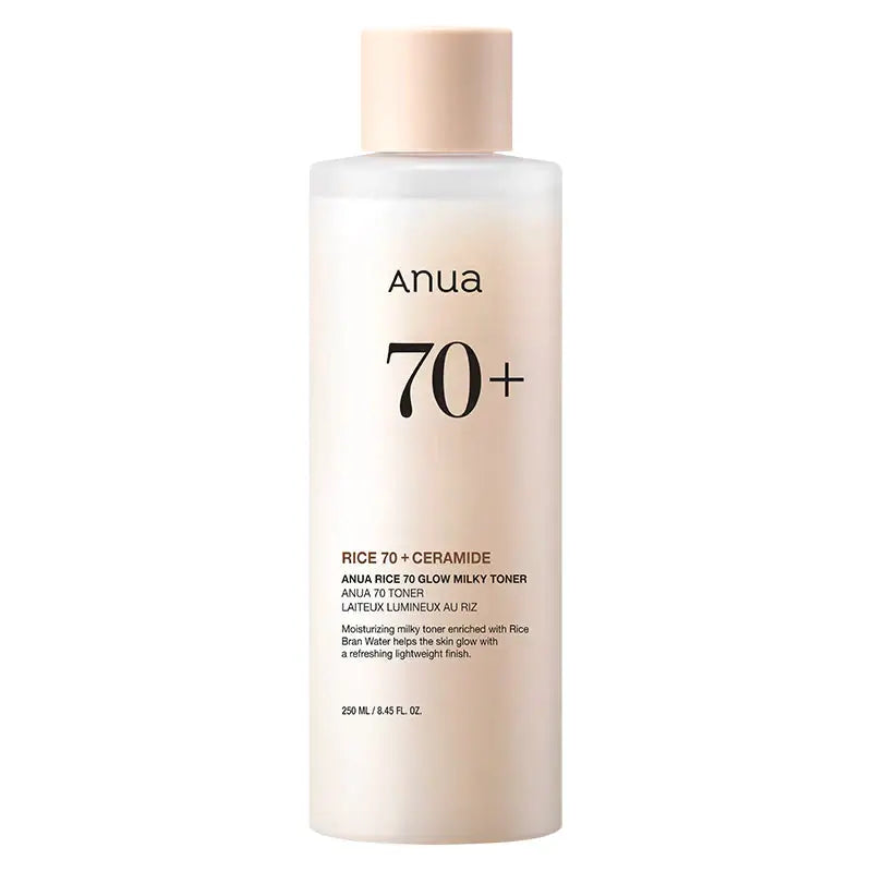 Anua Rice 70 Glow Milky Toner bottle, promoting skin radiance and hydration with natural ingredients.