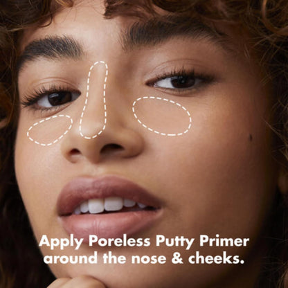 Close-up of a woman's face with text e.l.f Poreless Putty Primer.