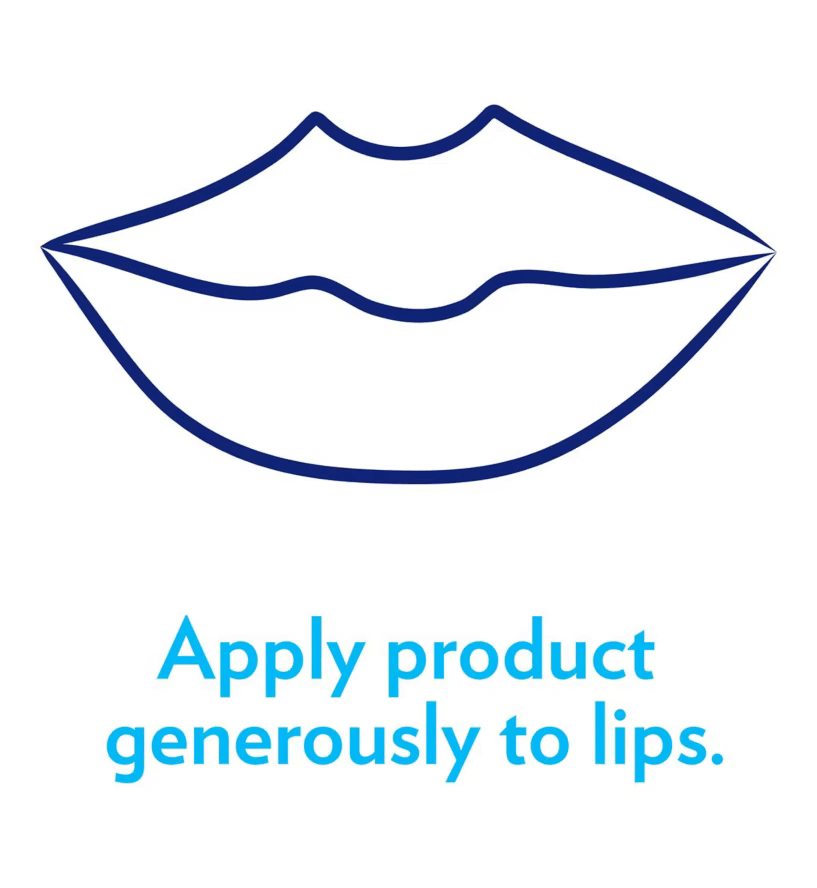 Illustration of lips with text 'Apply product generously to lips' for Vaseline Lip Therapy use instructions.