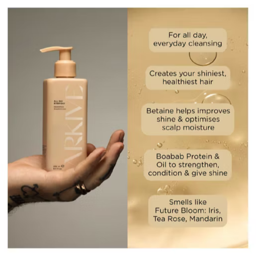 ARKIVE All Day Everyday Shampoo bottle, highlighting benefits for shiny, healthy hair with Baobab Protein.