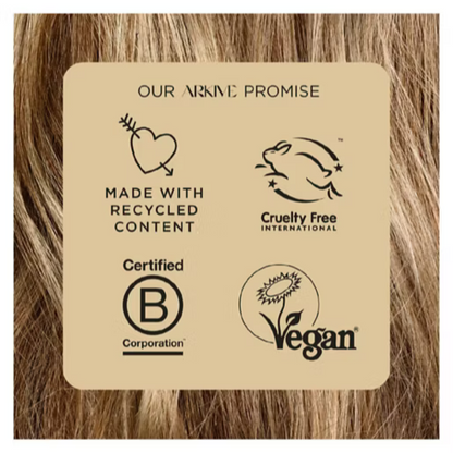 ARKIVE brand promise icons: recycled content, cruelty-free, B Corporation certified, and vegan.
