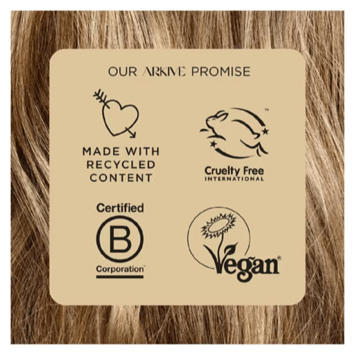 ARKIVE promise featuring icons for recycled content, cruelty-free, B Corporation certified, and vegan.
