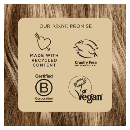 ARKIVE promise featuring icons for recycled content, cruelty-free, B Corporation certified, and vegan.