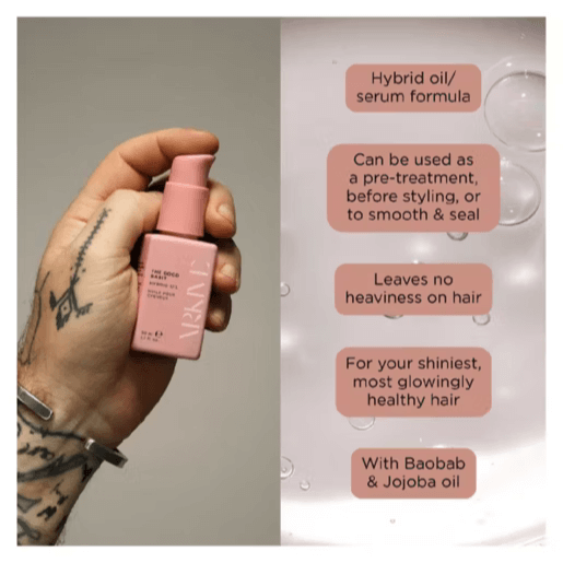 ARKIVE The Good Habit Hybrid Oil 50ml in a pink bottle, showcasing benefits like smooth hair and nourishing oils.