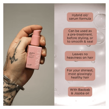 ARKIVE The Good Habit Hybrid Oil 50ml in a pink bottle, showcasing benefits like smooth hair and nourishing oils.