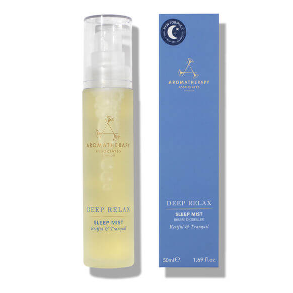Aromatherapy Associates Deep Relax Sleep Mist 50ml for restful sleep, featuring calming vetivert, chamomile, and sandalwood.