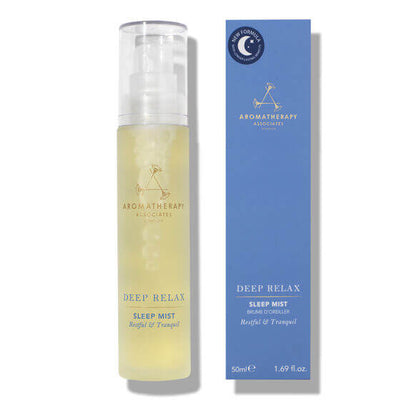 Aromatherapy Associates Deep Relax Sleep Mist 50ml for restful sleep, featuring calming vetivert, chamomile, and sandalwood.