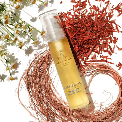 Aromatherapy Associates Deep Relax Sleep Mist 50ml with vetivert and chamomile, surrounded by floral elements.