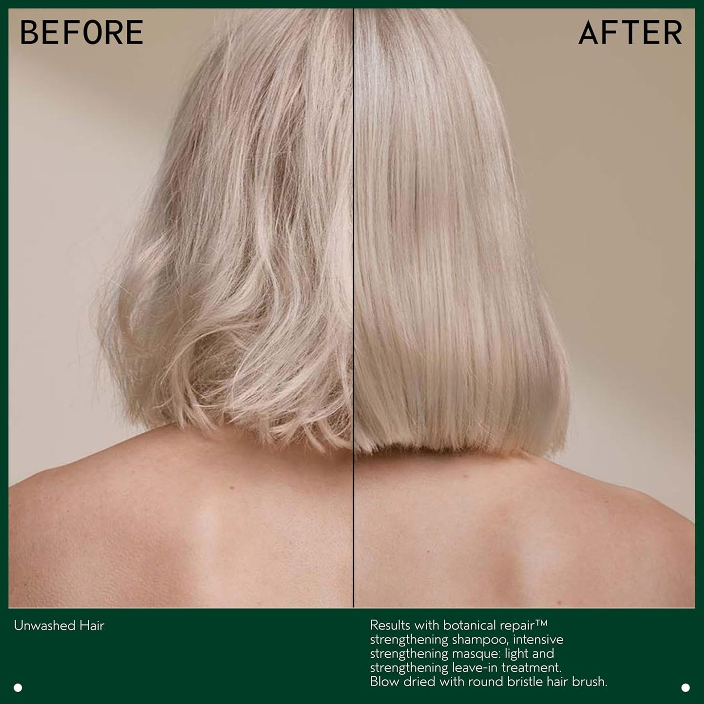 Before and after comparison of Aveda hair treatment on a person with blonde hair.