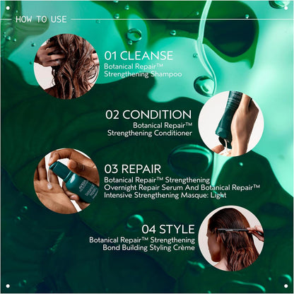 Step-by-step guide for using Aveda Botanical Repair hair care products with green background and product images.