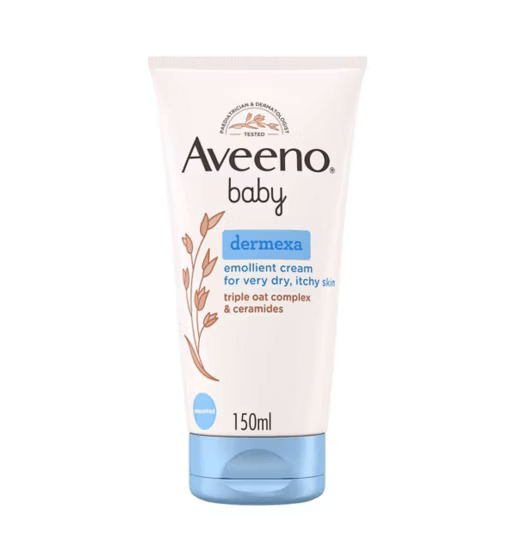 Aveeno Baby Dermexa Daily Emollient Cream 150ml for very dry, itchy skin with triple oat complex and ceramides.