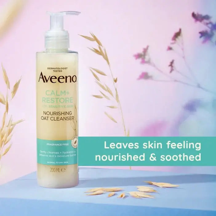 Aveeno cleanser bottle with text on a soft background