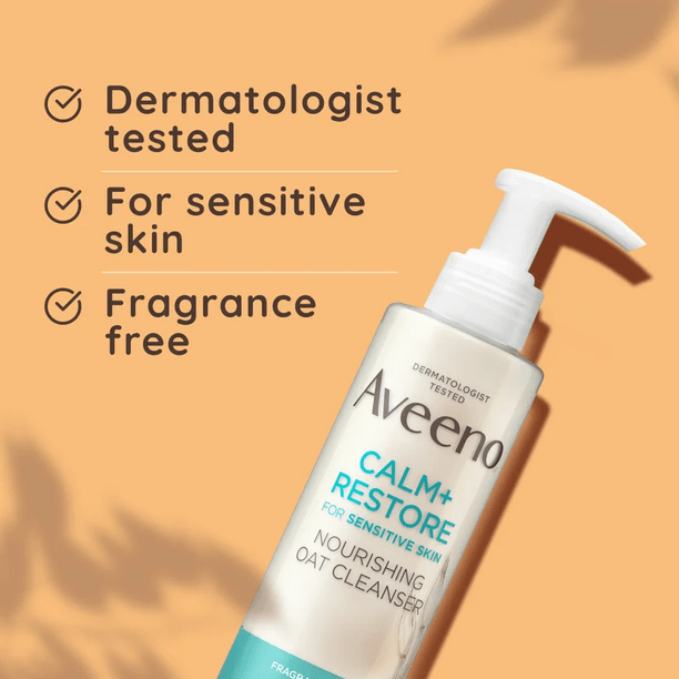 Aveeno Face Calm and Restore Cleanser, dermatologist tested, for sensitive skin, fragrance-free formula.