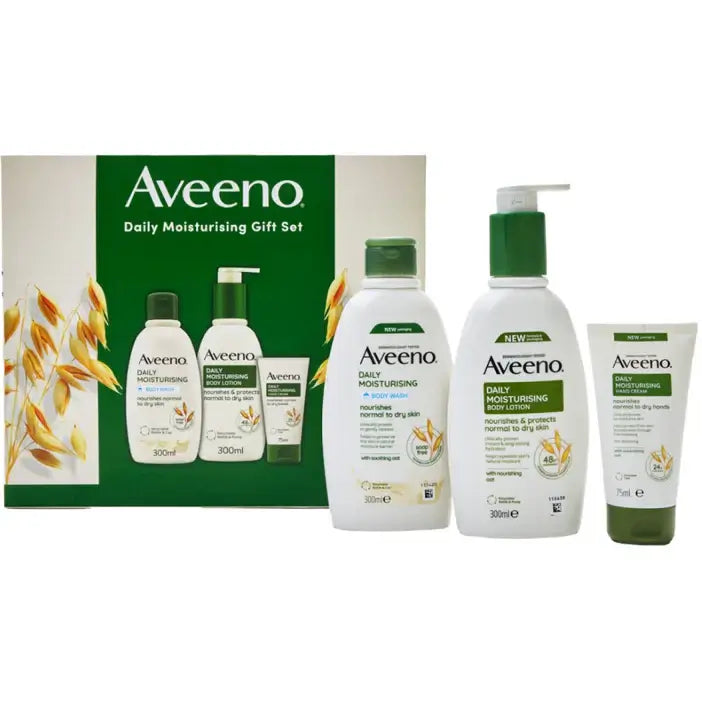 Aveeno Daily Moisture Range 3 Piece Gift Set for hydrated skin with nourishing lotions and creams.