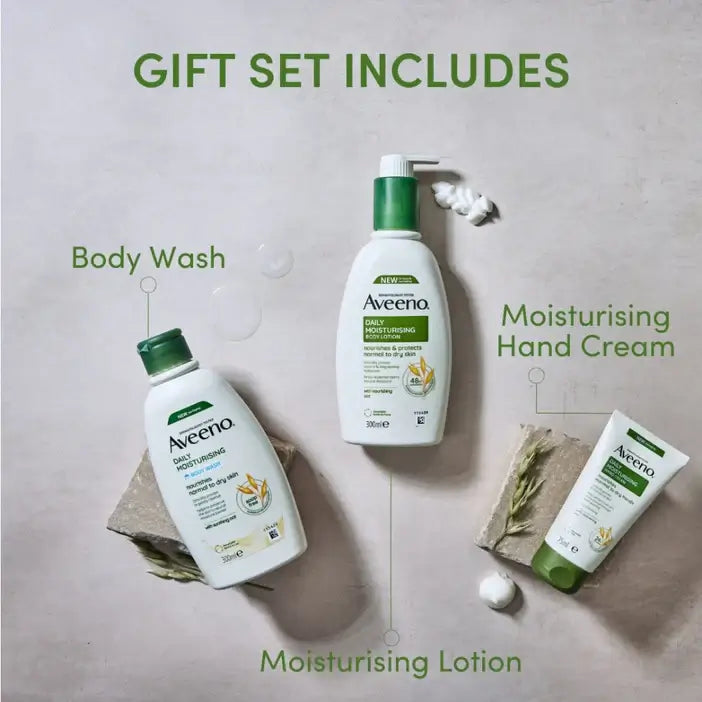 Aveeno Daily Moisture Range 3 Piece Gift Set with body wash, moisturising lotion, and hand cream.