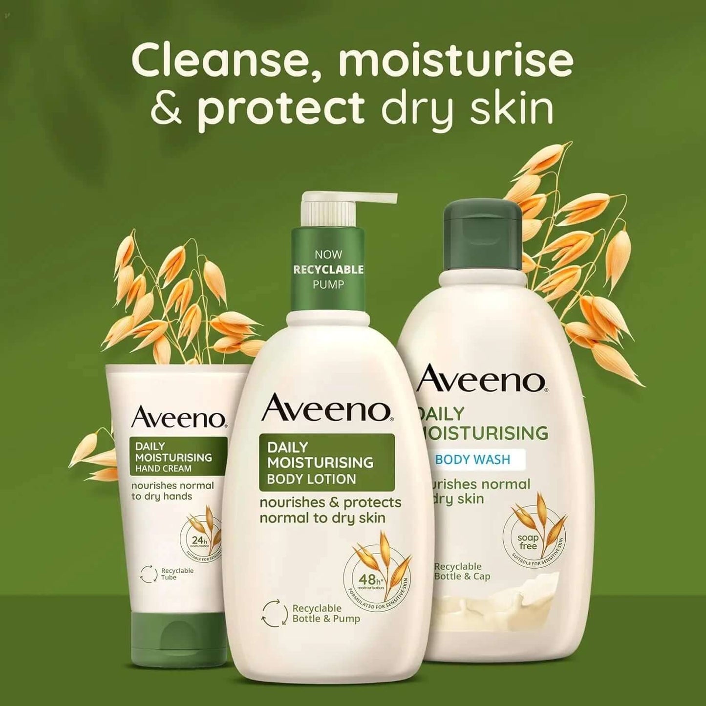 AVEENO® Daily Moisturising Body Lotion, Body Wash, and Hand Cream for cleansing and protecting dry skin.