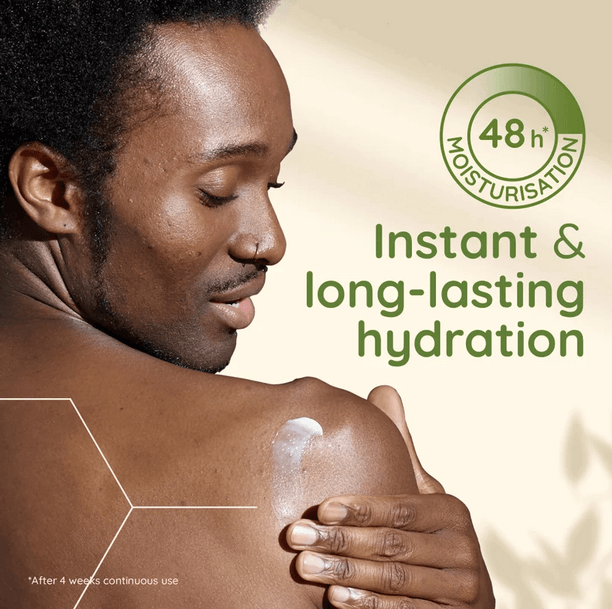 Man applying AVEENO® Daily Moisturising Body Lotion for instant and long-lasting hydration. 48 hours of moisture lock.