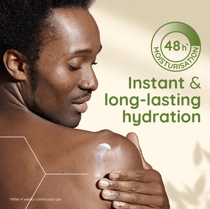 Man applying AVEENO® Daily Moisturising Body Lotion for instant and long-lasting hydration. 48 hours of moisture lock.