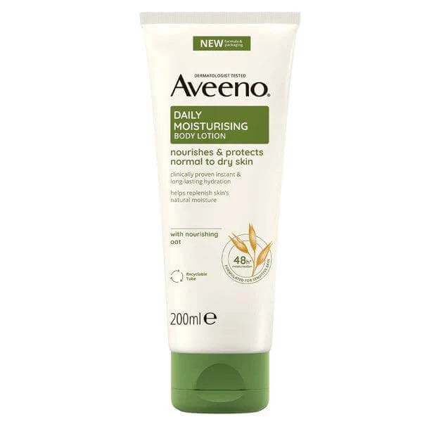 AVEENO® Daily Moisturising Body Lotion tube, nourishing formula for normal to dry skin, 200ml.