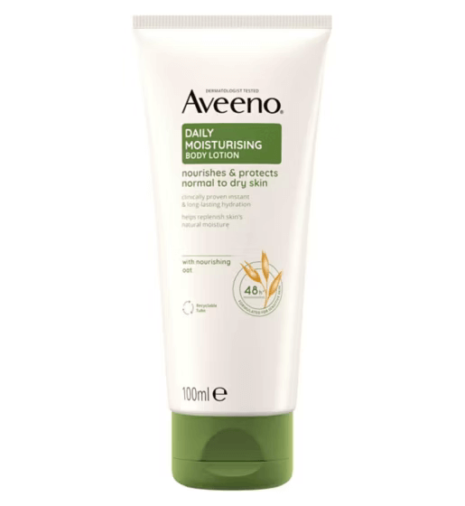 AVEENO® Daily Moisturising Body Lotion tube, 100ml, designed for normal to dry skin, offering hydration and nourishment.