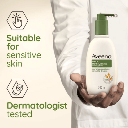 AVEENO® Daily Moisturising Body Lotion bottle showcasing suitability for sensitive skin and dermatologist tested benefits.
