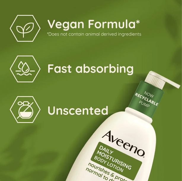 AVEENO Daily Moisturising Body Lotion with vegan formula, fast absorbing, and unscented features.