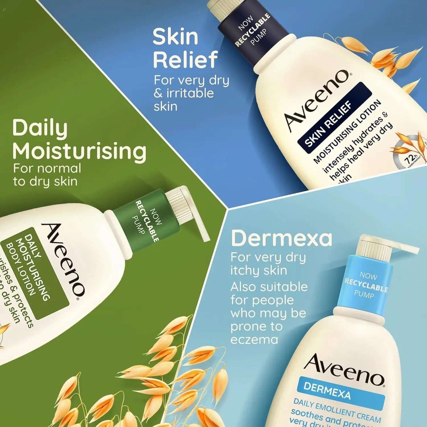 Aveeno body lotions for dry skin: Daily Moisturising, Skin Relief, and Dermexa options for hydration and skin care.