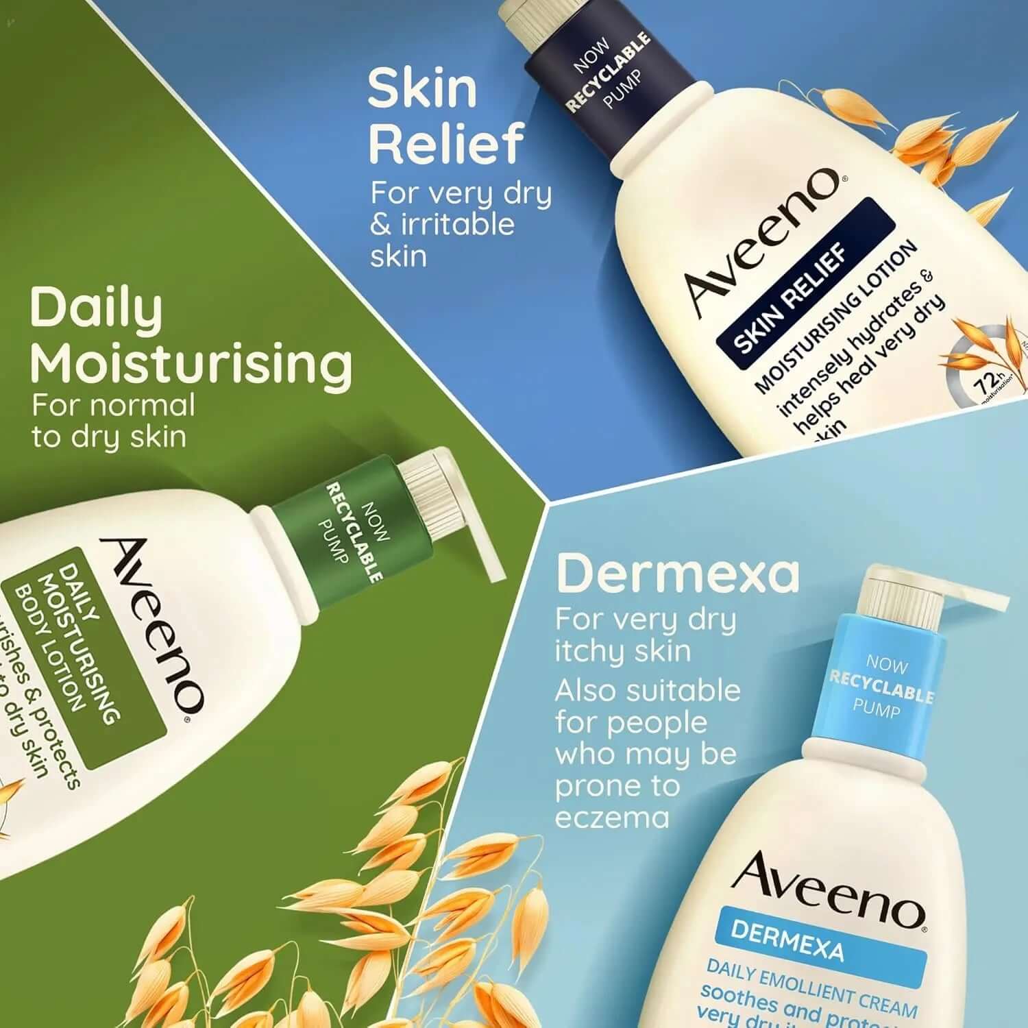 Aveeno body lotions for dry skin: Daily Moisturising, Skin Relief, and Dermexa options for hydration and skin care.