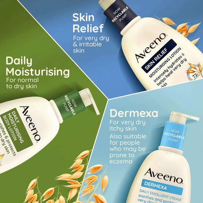 Aveeno body lotions for dry skin: Daily Moisturising, Skin Relief, and Dermexa options for hydration and skin care.