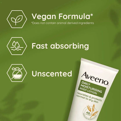 AVEENO® Daily Moisturising Body Lotion features vegan formula, fast absorption, and unscented for healthy skin.