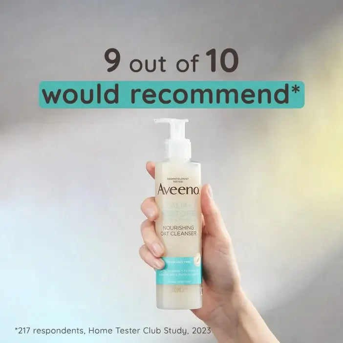 Hand holding Aveeno bottle with recommendation text on a gradient background
