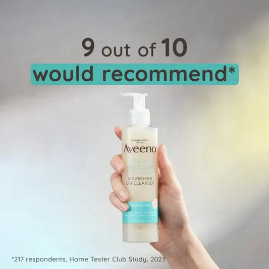 Hand holding Aveeno bottle with recommendation text on a gradient background