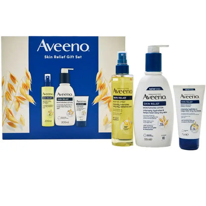 Aveeno Skin Relief Range 3 Piece Gift Set featuring moisturizing lotion and soothing products for sensitive skin.
