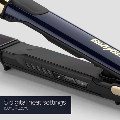 Close-up of BaByliss Black Onyx Straightener showing 5 digital heat settings from 150°C to 235°C.