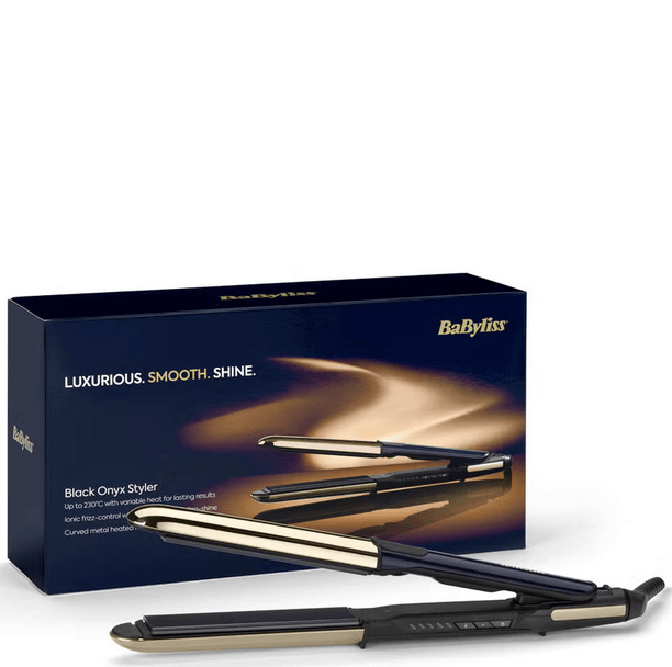BaByliss Black Onyx Straight & Curl Straightener with luxurious design and sleek packaging, ideal for smooth, shiny hairstyles.