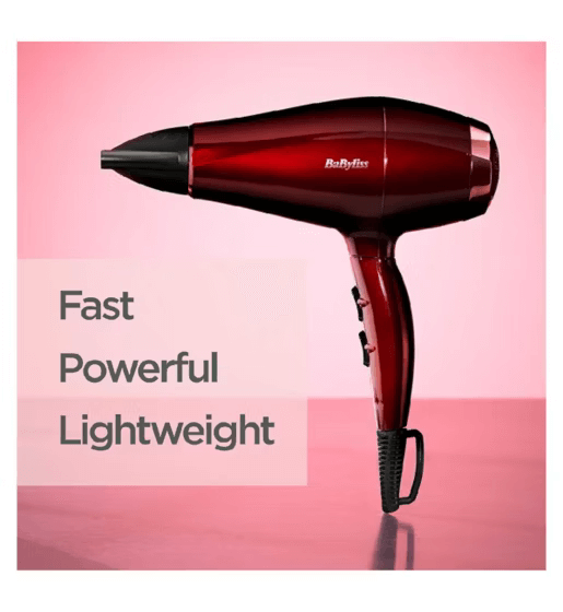 BaByliss Expression 2000 Hair Dryer in red, showcasing its fast, powerful, and lightweight design for easy styling.