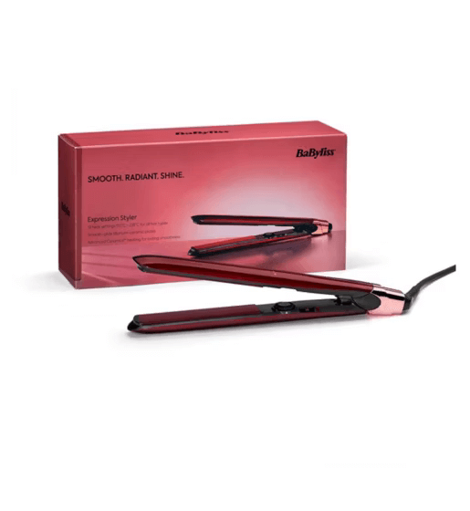 BaByliss Expression Styler Hair Straightener in red packaging for smooth, radiant, shiny hair.