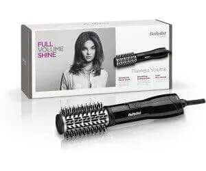 BaByliss Flawless Volume Hot Air Styler with 38mm barrel for dramatic volume and shine, packaging and brush visible.