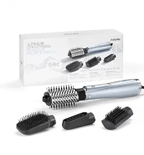 BaByliss Hydro-Fusion Anti-Frizz 4-in-1 Hair Dryer Brush with interchangeable attachments for styling.