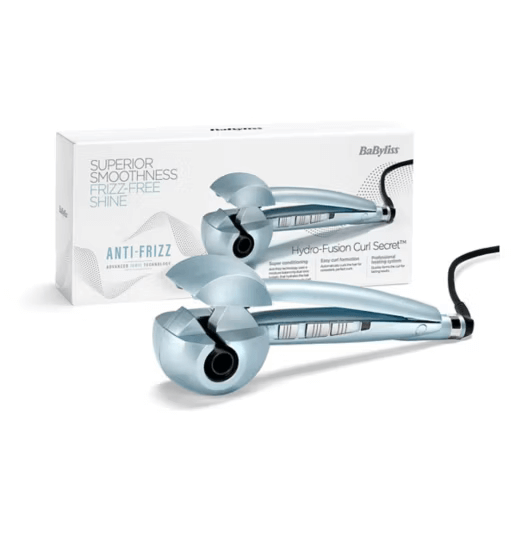 BaByliss Hydro-Fusion Anti-Frizz Curl Secret Automatic Hair Curler with box, designed for frizz-free curls.