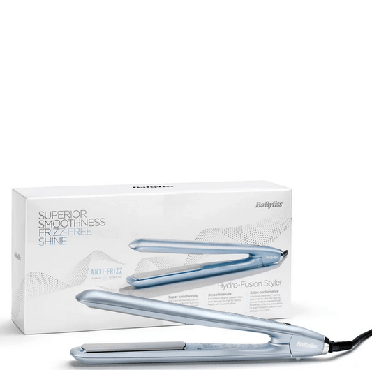 BaByliss Hydro-Fusion Anti-Frizz Hair Straightener with moisture balancing technology for sleek, shiny hair.