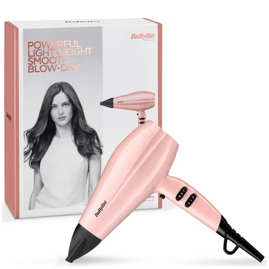 BaByliss Rose Blush Hair Dryer with packaging for lightweight, smooth blow-dry, featuring advanced airflow technology.