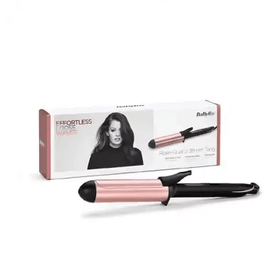 BaByliss Rose Quartz 38mm Curling Hair Tong with packaging for effortless waves styling.