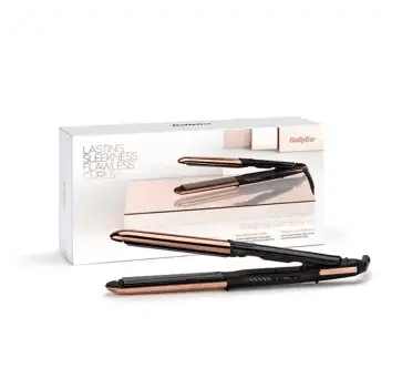 BaByliss Straight and Curl Brilliance Straightener in rose gold with packaging, perfect for sleek styles and curls.