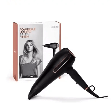 BaByliss Super Power Pro AC 2400 Hair Dryer in black with packaging showing powerful drying salon finish.