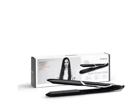 BaByliss Super Smooth Wide Straightener with packaging, featuring ceramic plates for ultra-fast styling and smooth finishes.