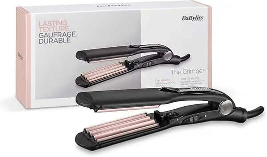 BaByliss The Crimper with tourmaline-ceramic plates for textured hair and 10 heat settings, shown with packaging.