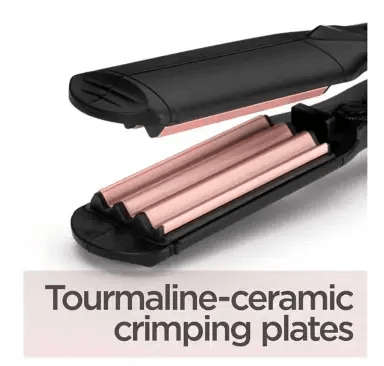 BaByliss The Crimper showing tourmaline-ceramic crimping plates for enhanced hair texture and shine.