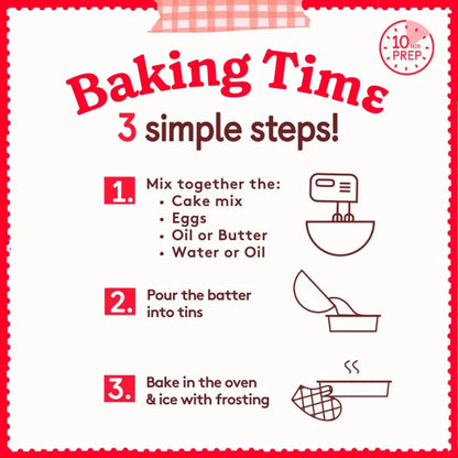 Baking instructions for cake mix: 3 steps to mix, pour, and bake with frosting.